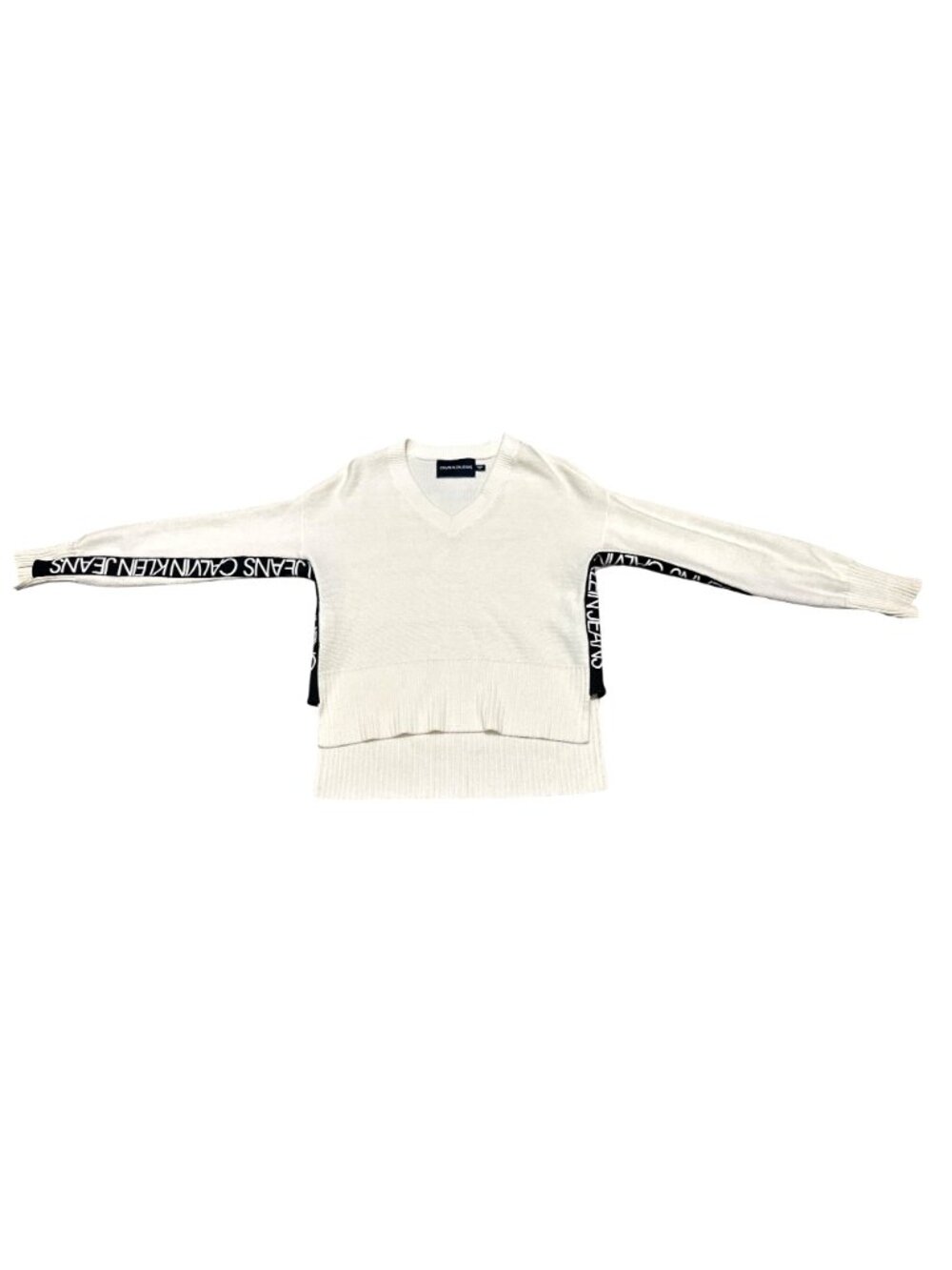 Calvin Klein Jeans Size XS White Logo Sleeve V Neck Sweater Streetwear Logo Core - Picture 7 of 10